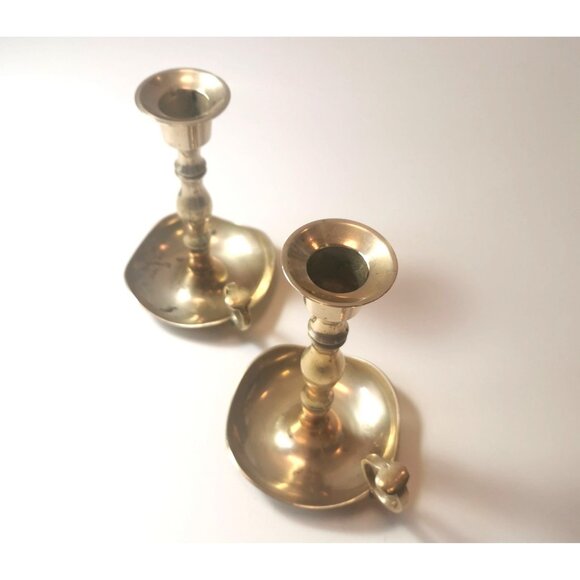 Pair Vintage Brass Chamberstick Candle Holders Ring Handle Finger Hold Drip Tray - Picture 2 of 9